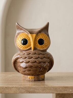 Vintage MCM Ceramic Owl Figurine Two Piece Nesting Speckled Earthy 9.5" Signed